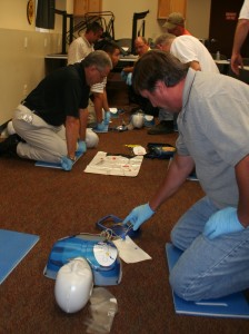 Employees complete CPR and AED training. AEDs have proved to double the chances of a cardiac arrest victim’s survival when coupled with CPR.