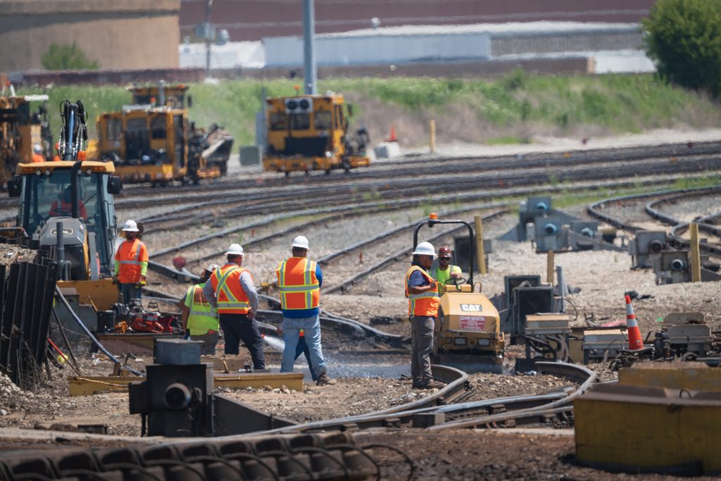 From left, Signal Manager Jorge Guerrero, Chief Engineer Patrick Jones and Manager of Track Maintenance Will Lankford oversee the progress.